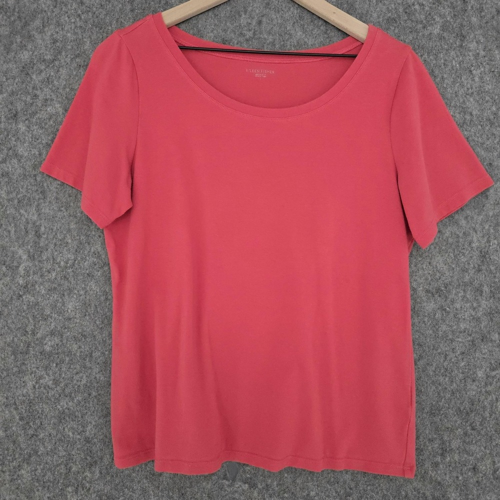 Eileen Fisher Shirt Womens L Pink Coral Scoop Neck Organic Cotton USA Top Basic
